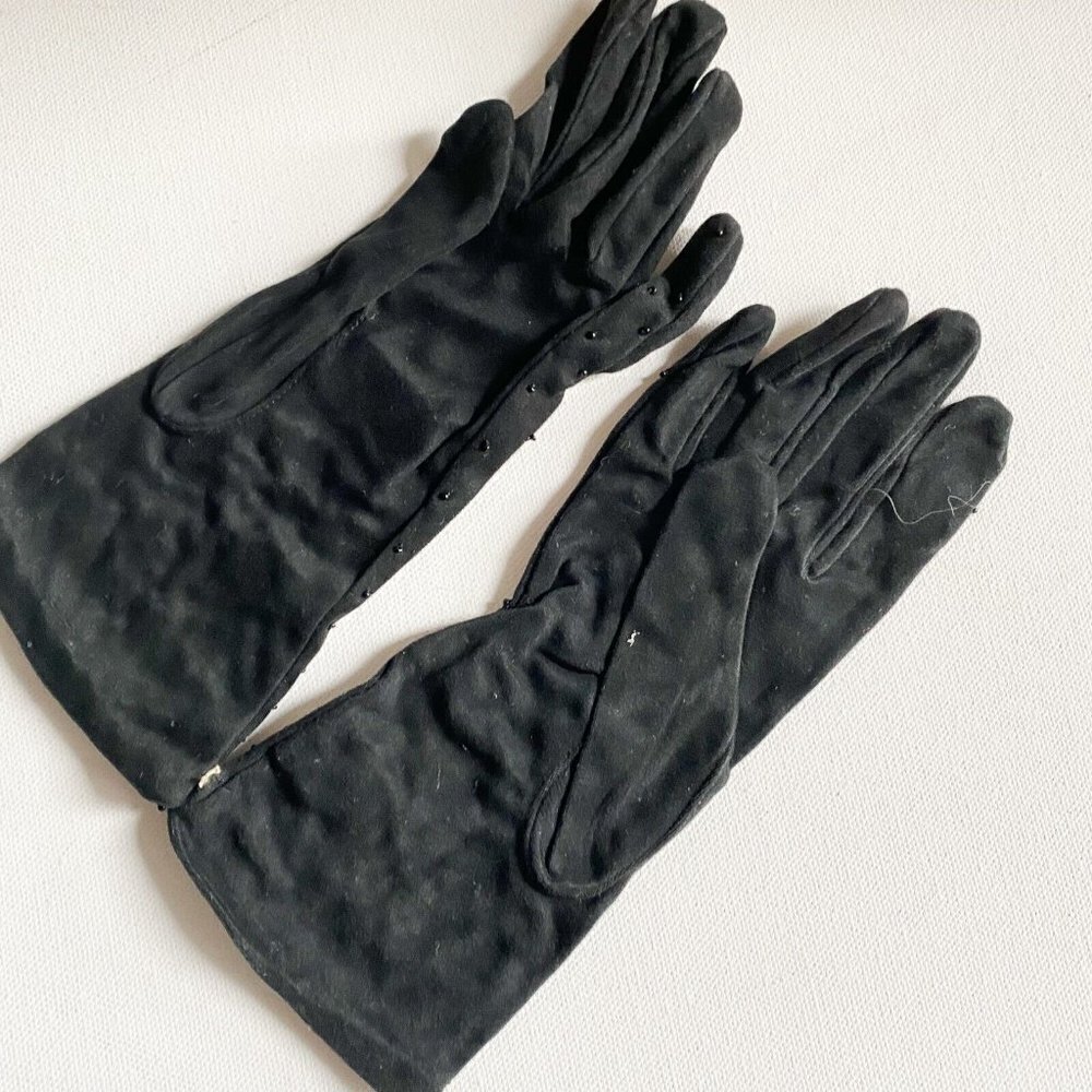 Vintage Black Stretchy Beaded Black Wrist Gloves Fine Quality 7 NEW Unused - Picture 6 of 6